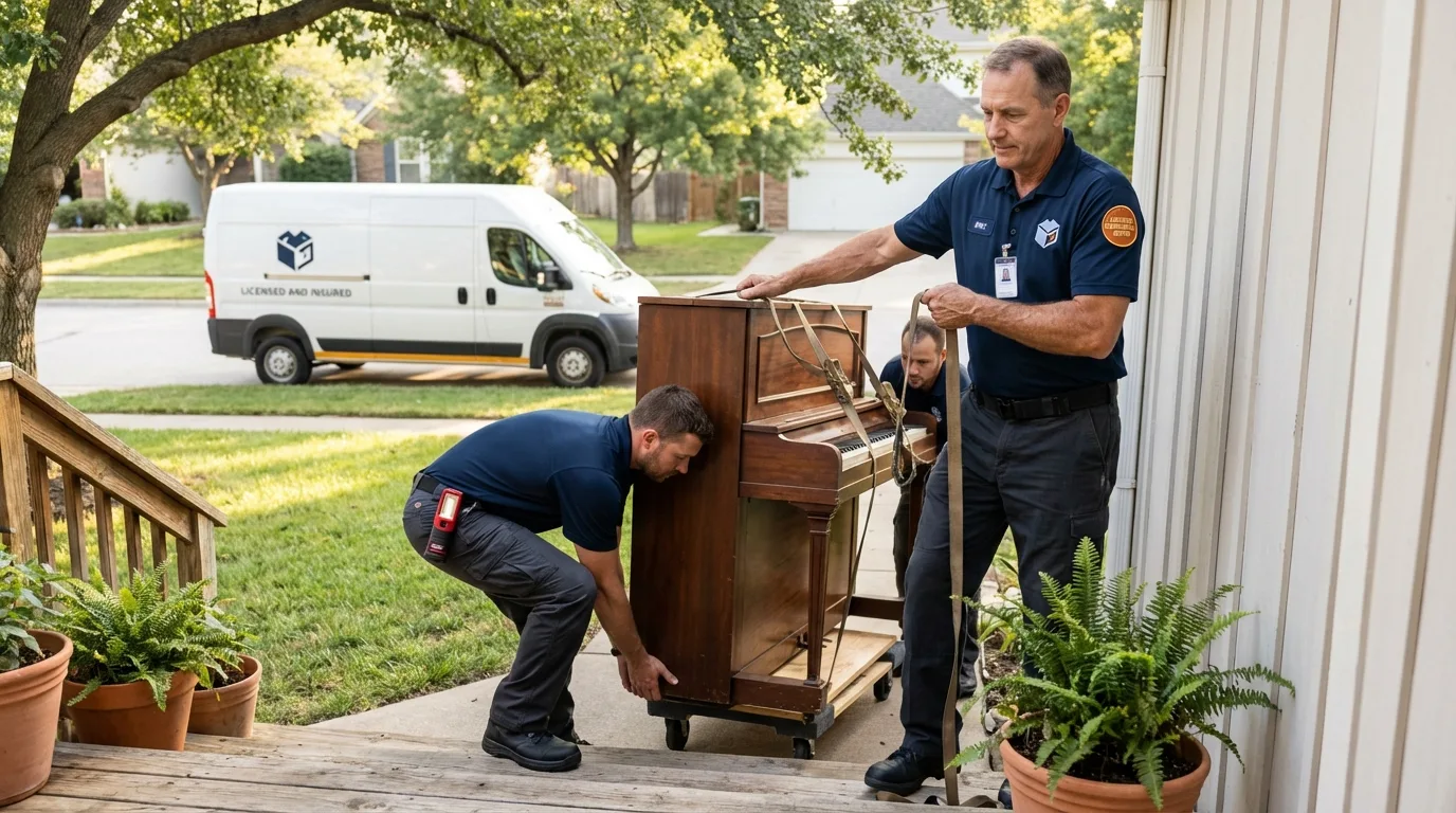 Licensed piano movers securing grand piano in South Saint Paul, MN