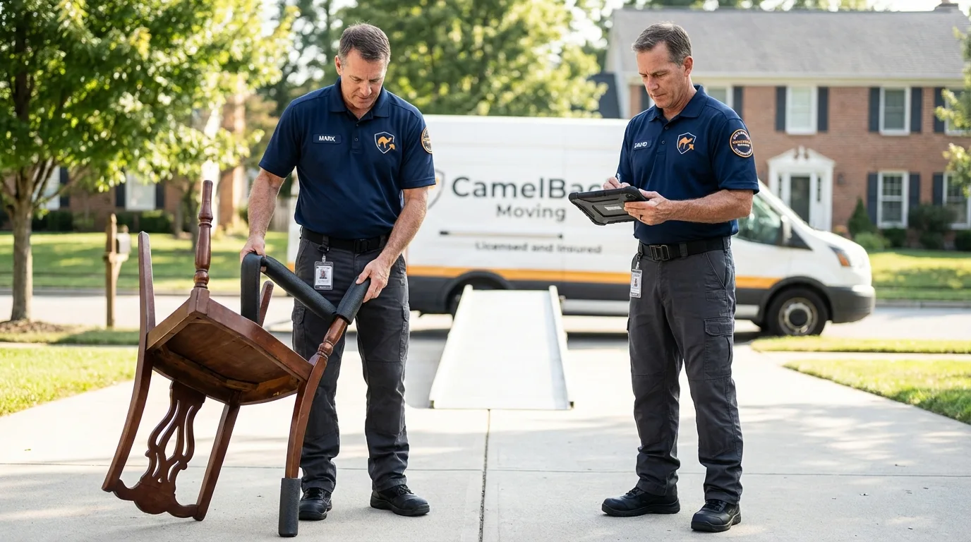 Movers inspecting furniture for damage prevention before loading in South Saint Paul, MN