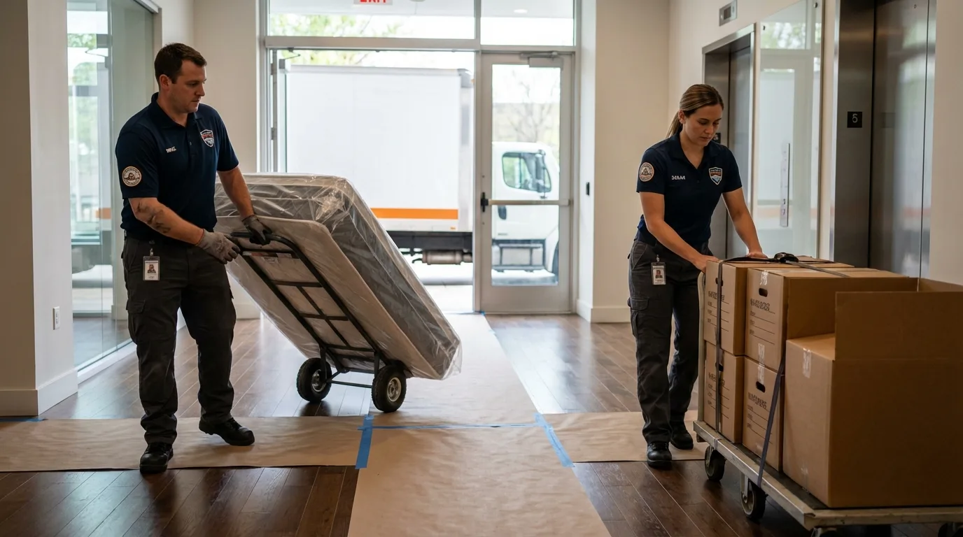 Professional apartment movers loading elevator in South Saint Paul, MN