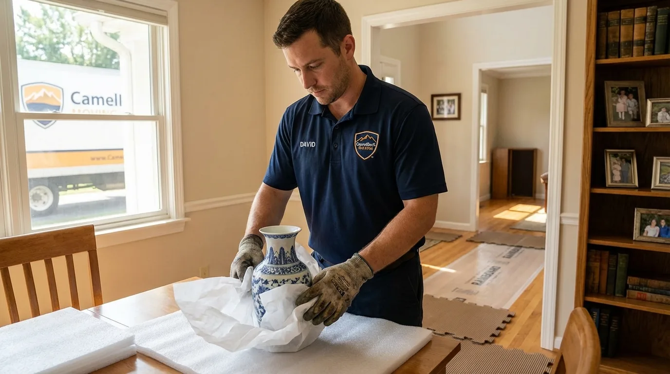 Professional crew carefully wrapping antique vase for senior downsizing move in South Saint Paul, MN